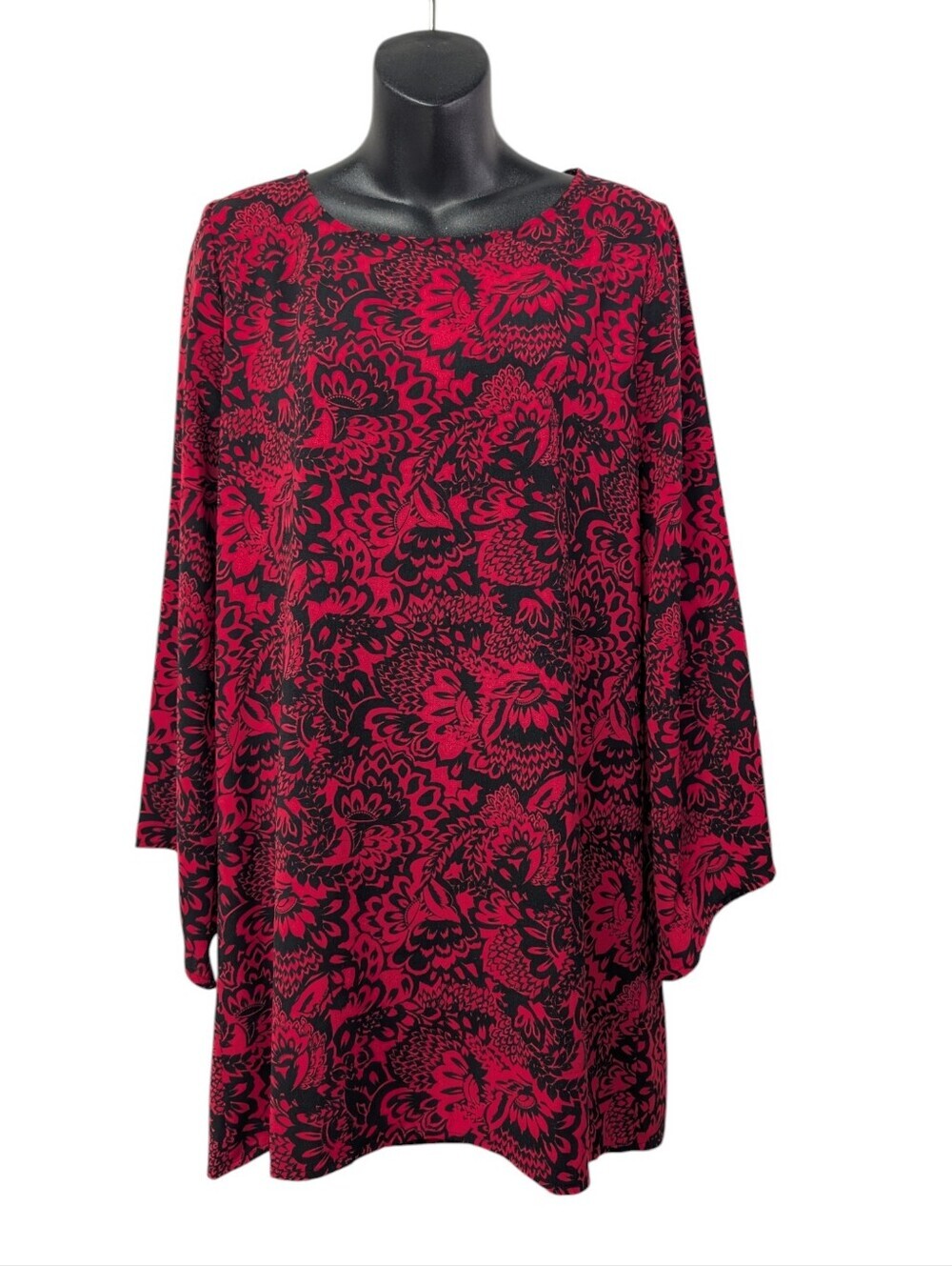 Leith Women's Red Black Floral Paisley Bell Long Sleeve Tunic Dress Size M